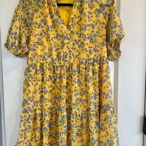 CeCe Ruffle Mock V-Neck Short Puff Sleeve Tiered Mini Dress